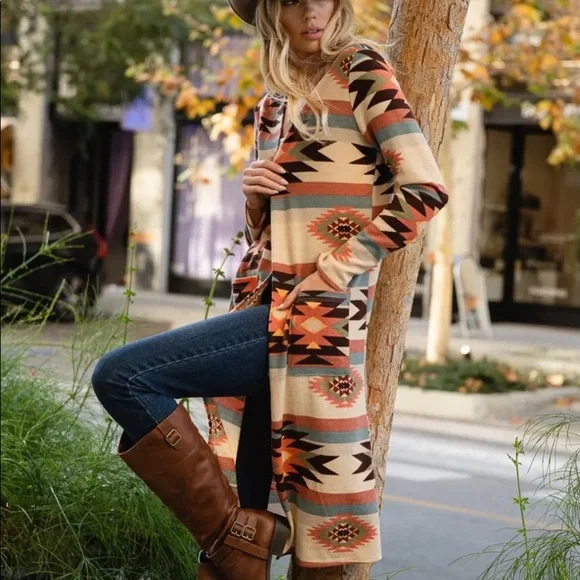 NWT Aztec Print Long Open Drape Cardigan - Picture 2 of 3